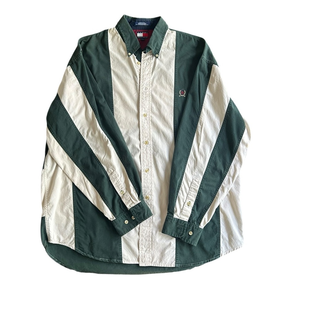 Vintage 90s Tommy Hilfiger Green and White Striped Shirt